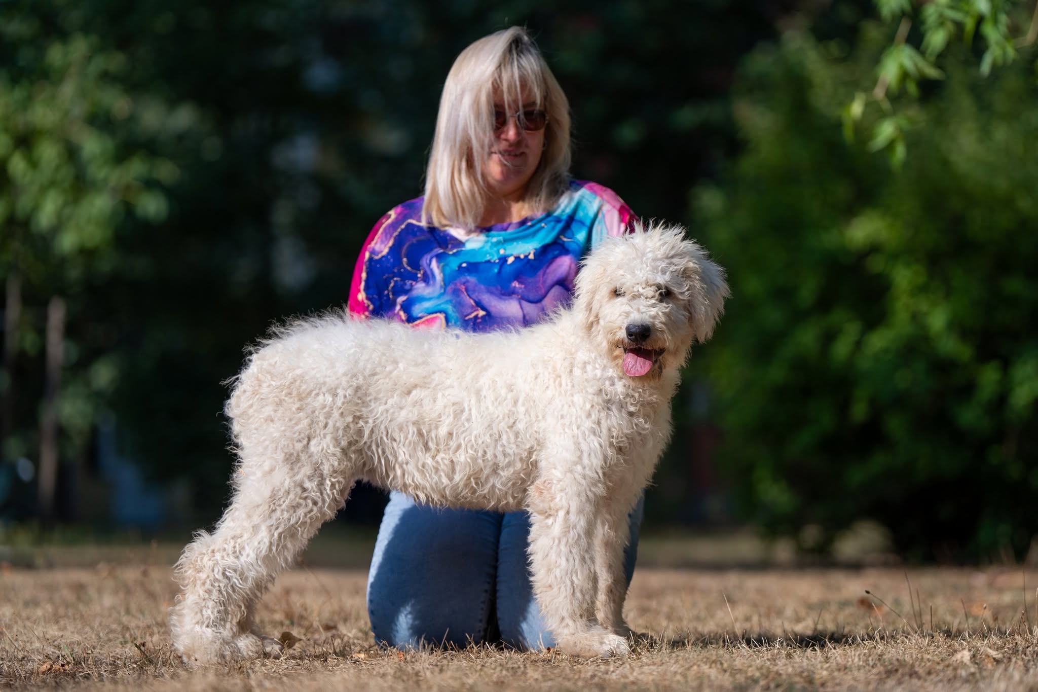 Somogyi Betyár Lilu, female Komondor puppy with her handler outdoors